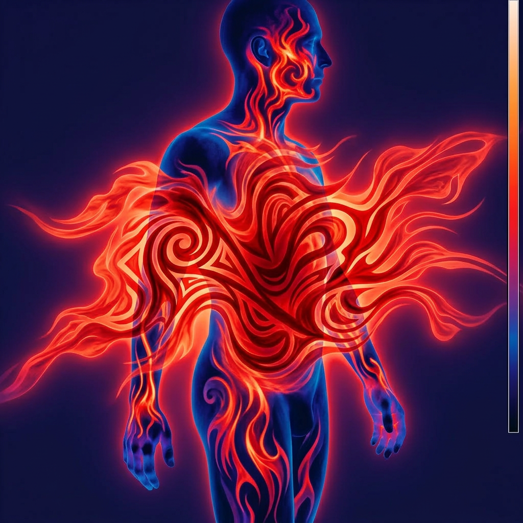 Blue human silhouette with bright red and orange flame patterns across the torso and limbs
